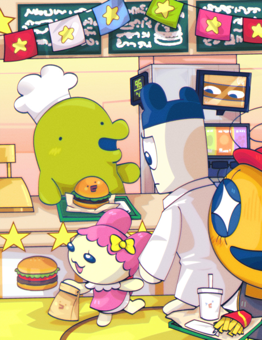 2boys 2girls absurdres bow burger chamametchi chef_hat chibi child commentary dress english_commentary food french_fries hat highres holding holding_hands indoors kuchipatchi memetchi multiple_boys multiple_girls papamametchi pink_dress restaurant tamagotchi tamagotchi_(creature) tamagotchi_no_puchi_puchi_omisetchi tray zedekyr