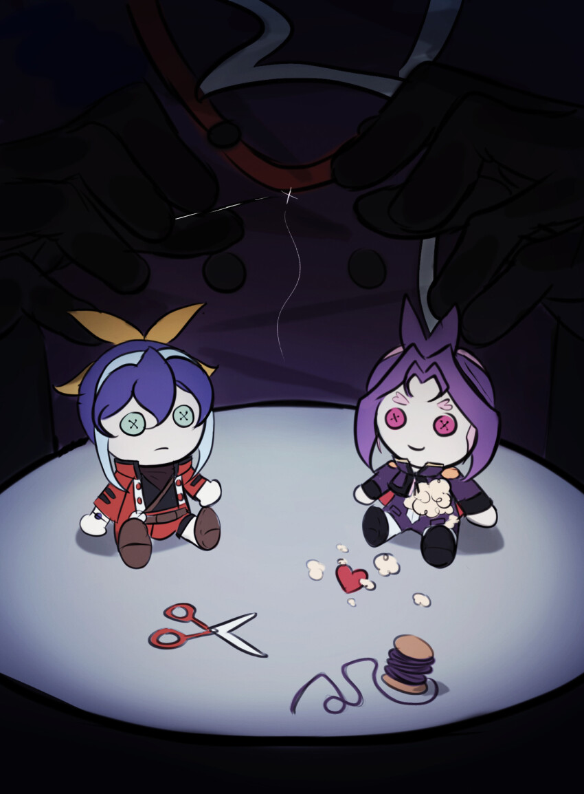 1boy akaba_leo blue_hair button_eyes buttons highres joeri_(yu-gi-oh!) object_focus purple_hair scissors serena_(pokemon) stuffed_toy toraawa64 yu-gi-oh! yu-gi-oh!_arc-v