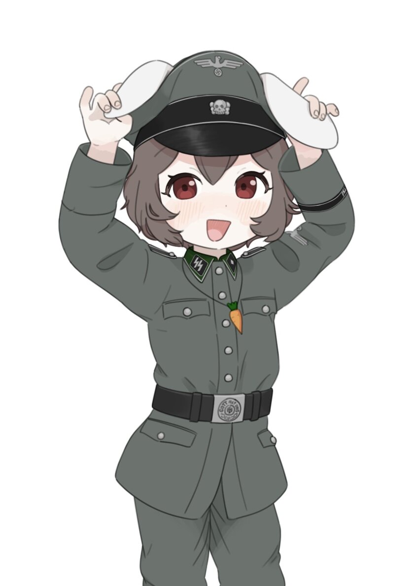 1girl :d animal_ears arms_up belt black_belt black_cat03 brown_eyes brown_hair carrot_necklace collar_tabs green_hat green_jacket green_pants hat highres holding_own_ears inaba_tewi jacket jewelry light_blush looking_at_viewer military_hat military_jacket nazi necklace open_mouth pants peaked_cap rabbit_ears rabbit_girl reichsadler simple_background smile solo ss_insignia ss_uniform swastika totenkopf touhou waffen-ss white_background