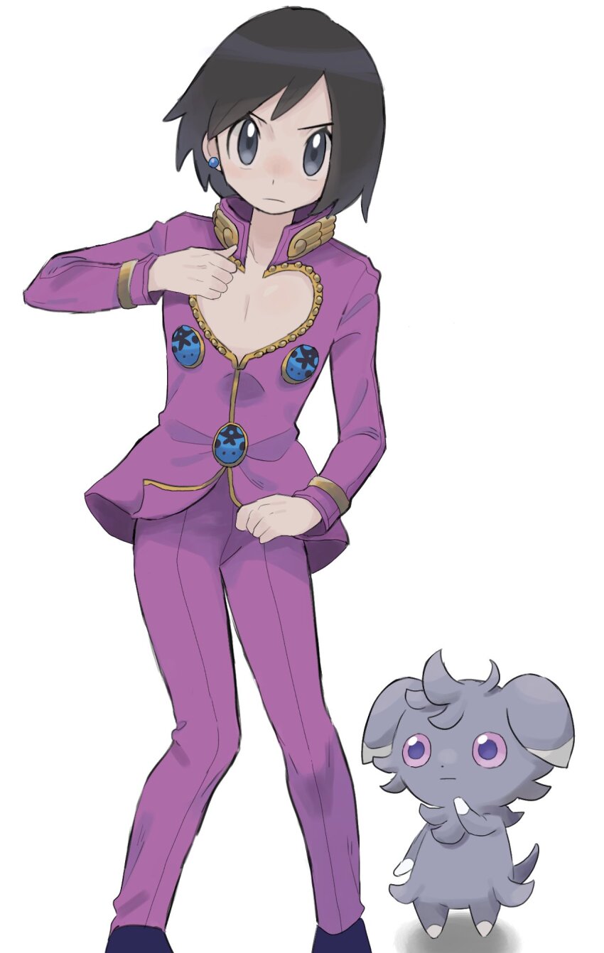 1boy alternate_costume calem_(pokemon) chest_cutout closed_mouth clothing_cutout commentary_request cosplay earrings espurr gen_6_pokemon giorno_giovanna giorno_giovanna&#039;s_pose_(jojo) giorno_giovanna_(cosplay) grey_eyes hand_up heart_cutout high_collar highres jacket jewelry jojo_no_kimyou_na_bouken jojo_pose long_sleeves looking_at_viewer male_focus nintendo pants pigeon-toed pokemon pokemon_(creature) pokemon_xy purple_jacket purple_pants sana_(37pisana) shoes short_hair standing vento_aureo white_background