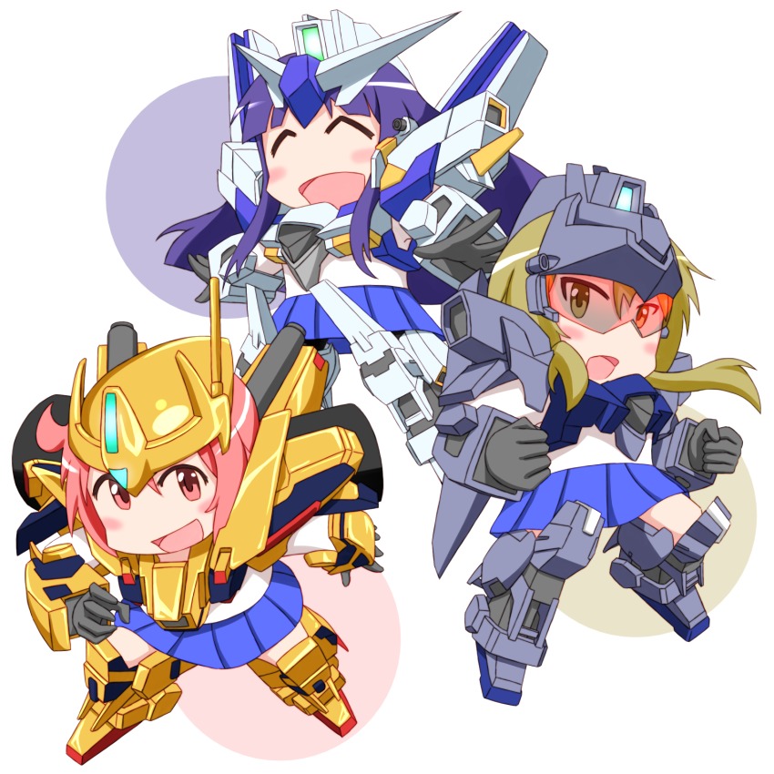 3girls :d ^_^ blonde_hair chibi closed_eyes delta_gundam_kai delta_plus gundam gundam_unicorn highres hinata_yukari hyaku_shiki hyaku_shiki_kai ichii_yui long_hair low_twintails mecha_musume multiple_girls nonohara_yuzuko open_mouth pink_eyes pink_hair purple_hair school_uniform serafuku short_hair smile tei-o twintails yellow_eyes yuyushiki