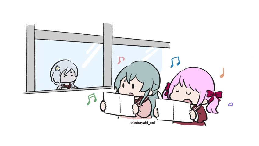 3girls ^_^ aqua_hair assault_lily beamed_eighth_notes bow brown_sailor_collar brown_sweater chibi closed_eyes cropped_torso crossed_bangs eighth_note flower grey_hair hair_flower hair_ornament hair_ribbon half_updo hands_up highres holding holding_paper kabayaki_(kabayaki_eel) kanba_girls_high_school_uniform long_hair long_sleeves looking_at_object low_twintails medium_hair multiple_girls music musical_note no_mouth open_mouth paper pink_hair red_bow red_shirt ribbon sadamori_himeka sailor_collar school_uniform serafuku shiozaki_suzume shirt singing sleeveless sleeveless_shirt solid_oval_eyes sweater toki_kureha twintails twitter_username white_background white_flower white_ribbon window