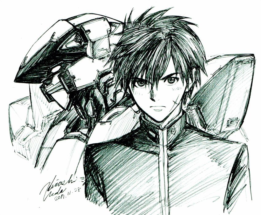 1boy arx-7_arbalest cropped_torso dated facial_scar full_metal_panic! graphite_(medium) highres mecha portrait robot sagara_sousuke scar scar_on_cheek scar_on_face school_uniform signature traditional_media ueda_hiroshi