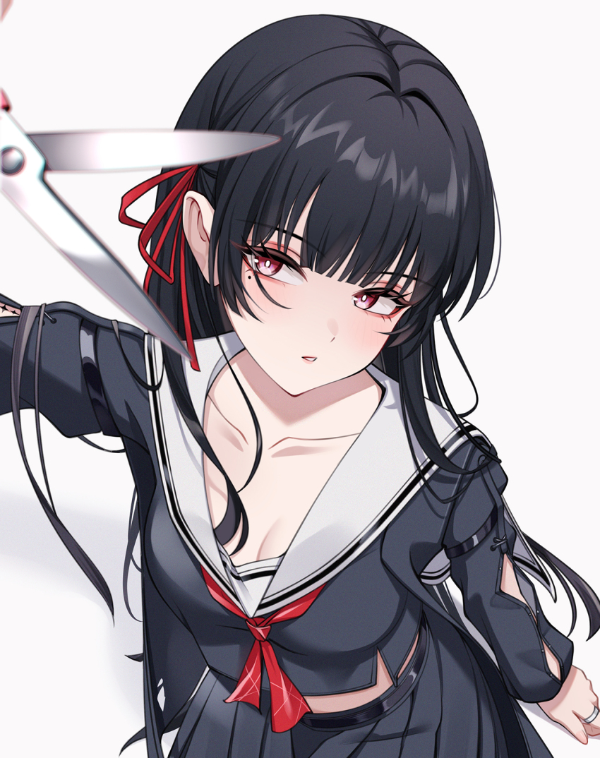 1girl arm_cutout black_hair black_serafuku black_shirt black_skirt breasts bright_pupils chisa_(wuthering_waves) cleavage clothing_cutout collarbone commentary crop_top hair_ribbon highres holding holding_scissors long_hair long_sleeves looking_at_viewer medium_breasts mole mole_under_eye parted_lips red_eyes red_ribbon ribbon sailor_collar school_uniform scissors serafuku shirt simple_background skirt solo uriuritei white_background white_pupils white_sailor_collar wuthering_waves