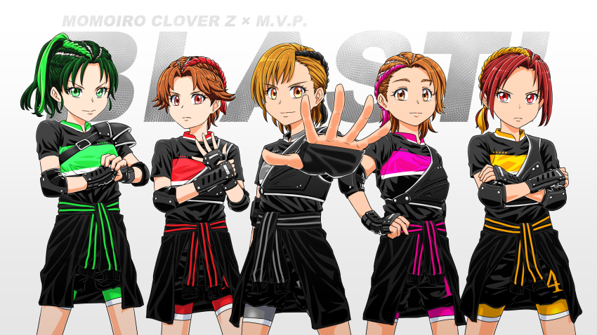 5girls absurdres alternate_costume alternate_hairstyle asymmetrical_bangs bike_shorts bike_shorts_under_shorts black_gloves black_shirt black_shorts braid brown_eyes brown_hair closed_mouth clothes_around_waist commentary crossed_arms elbow_pads fingerless_gloves fist_in_hand foreshortening frown futari_wa_precure futari_wa_precure_splash_star gloves green_eyes green_hair green_shorts grey_shorts hand_on_own_arm hand_on_own_hip highres hino_akane_(smile_precure!) hyuuga_saki idol in-franchise_crossover looking_at_viewer medium_hair midorikawa_nao misumi_nagisa momoiro_clover_z multicolored_hair multiple_girls natsuki_rin orange_eyes orange_hair parted_bangs pink_shorts ponytail precure red_eyes red_hair red_shorts satou_yasu in-franchise_crossover shirt short_hair short_ponytail short_sleeves shorts smile smile_precure! standing text_background two-tone_hair yellow_shorts yes!_precure_5