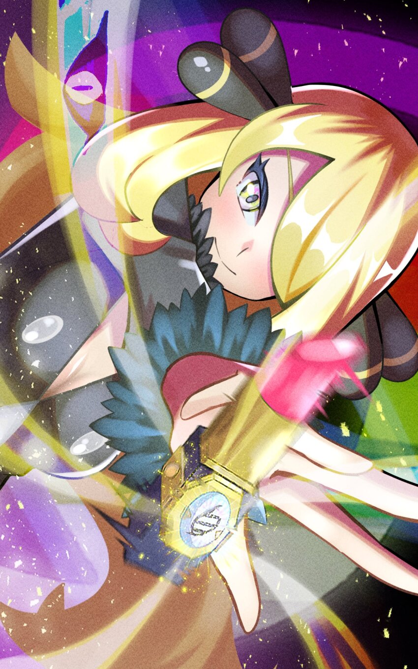 1girl black_jacket blonde_hair breasts cleavage cosmetics cynthia_(pokemon) garchomp gen_4_pokemon hair_over_one_eye highres inana_umi jacket lipstick lipstick_tube long_hair makeup medium_breasts mega_stone nintendo pokemon pokemon_(anime) pokemon_journeys solo_focus yellow_eyes