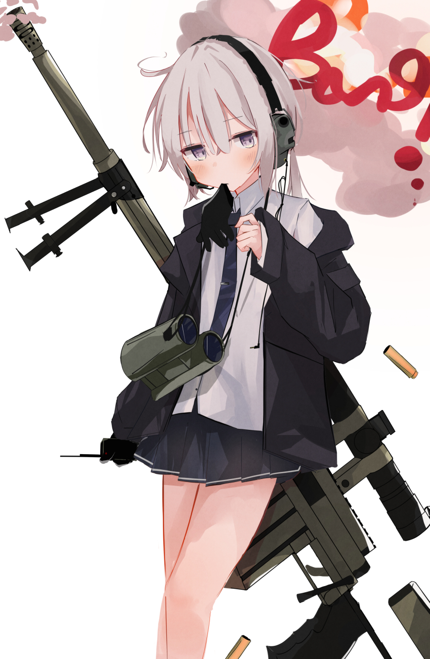 1girl absurdres binoculars black_gloves black_jacket black_skirt blue_necktie bolt_action cheytac_m200 collared_shirt commentary_request dress_shirt ear_protection explosion girls&#039;_frontline glove_in_mouth gloves grey_hair gun hair_between_eyes highres ichiha_(ichi_u2) jacket long_hair long_sleeves looking_at_viewer m200_(girls&#039;_frontline) mouth_hold name_connection necktie object_namesake off_shoulder open_clothes open_jacket pleated_skirt purple_eyes rifle shirt simple_background skirt sniper_rifle solo weapon white_background white_shirt