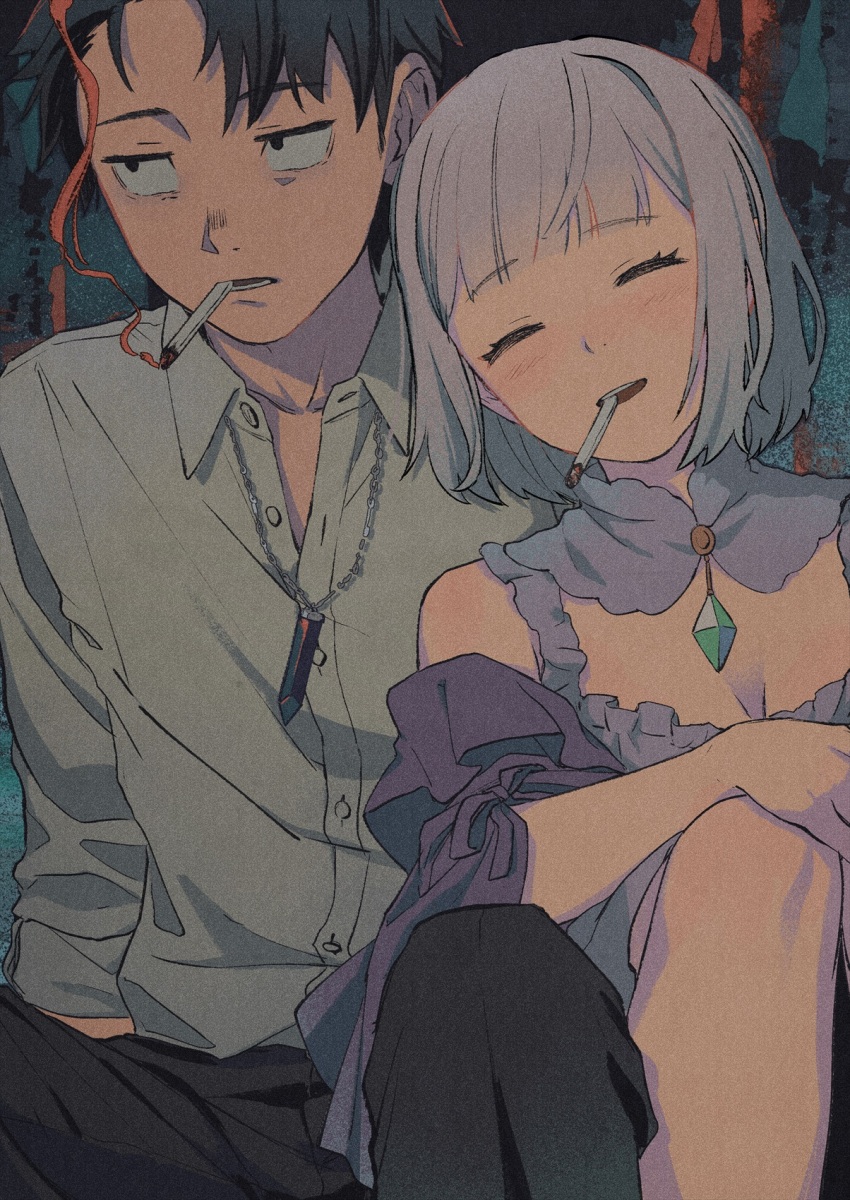 1boy 1girl alternate_hair_length alternate_hairstyle black_eyes black_hair blush breasts buttons cigarette cleavage closed_eyes collared_shirt commentary_request diamond_(shape) duplicate emilia_(re:zero) eyelashes gem green_gemstone grey_hair grey_shirt highres iwamushi jewelry medium_hair mouth_hold natsuki_subaru necklace open_mouth pants re:zero_kara_hajimeru_isekai_seikatsu re:zero_kara_kasaneru_isekai_seikatsu shirt short_hair smoke smoking teeth upper_teeth_only