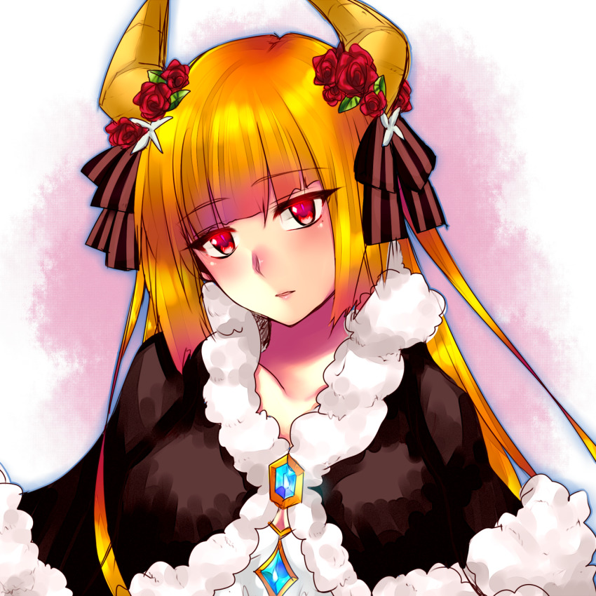 1girl blue_brooch blunt_bangs blush brown_cape cape closed_mouth commentary_request expressionless flower hair_flower hair_ornament highres horns long_hair looking_at_viewer official_alternate_costume pink_background ragnarok_online red_eyes red_flower red_rose rose shirokuro_(erisnoa) solo upper_body warlock_(ragnarok_online) white_background yellow_horns
