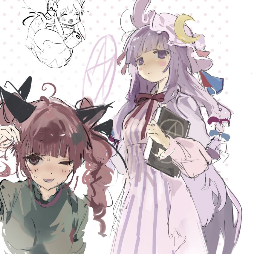 3girls animal_ears blush book braid cat_ears cloak crescent crescent_hat_ornament dress expressionless green_dress hair_ribbon hat hat_ornament highres holding holding_book kaenbyou_rin lily_white long_hair long_sleeves looking_at_viewer multiple_girls one_eye_closed open_mouth patchouli_knowledge purple_cloak purple_dress purple_eyes purple_hair red_eyes red_hair ribbon sesmkun sketch smile touhou twin_braids very_long_hair