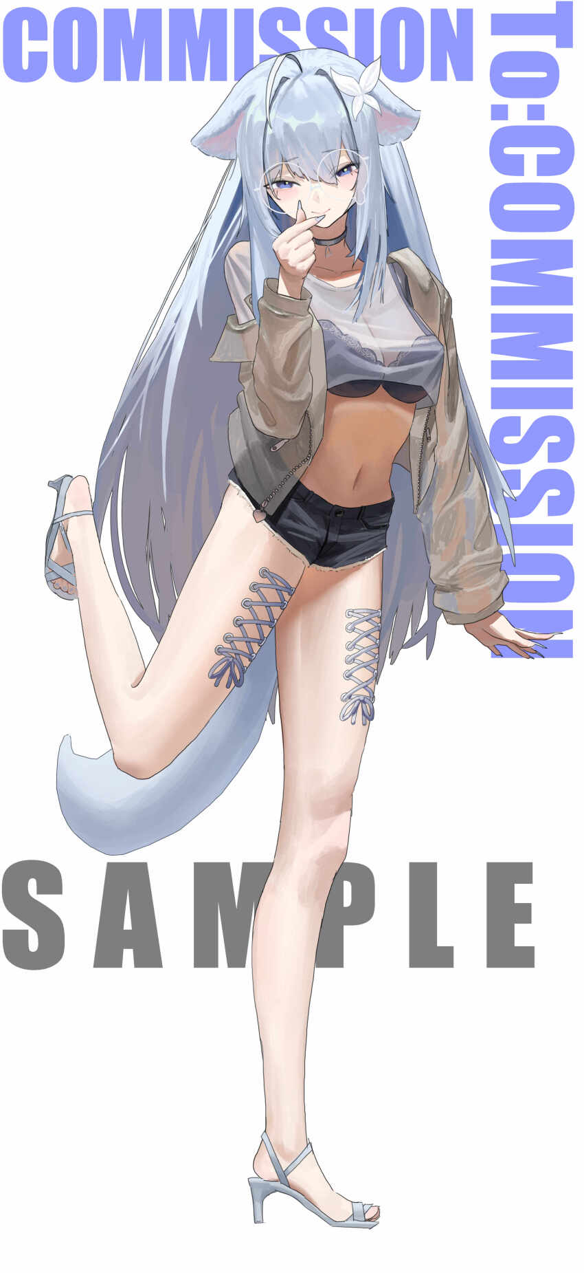 1girl absurdres black_bra black_shorts blue_eyes blue_hair bra clip_studio_paint_(medium) closed_mouth commentary commission english_text finger_heart floppy_ears flower full_body glasses hair_flower hair_ornament hand_up high_heels highres jin_yu0810 long_hair looking_at_viewer micro_shorts off_shoulder round_eyewear see-through_shrug shorts simple_background smile solo standing standing_on_one_leg tail underwear vrchat white_background