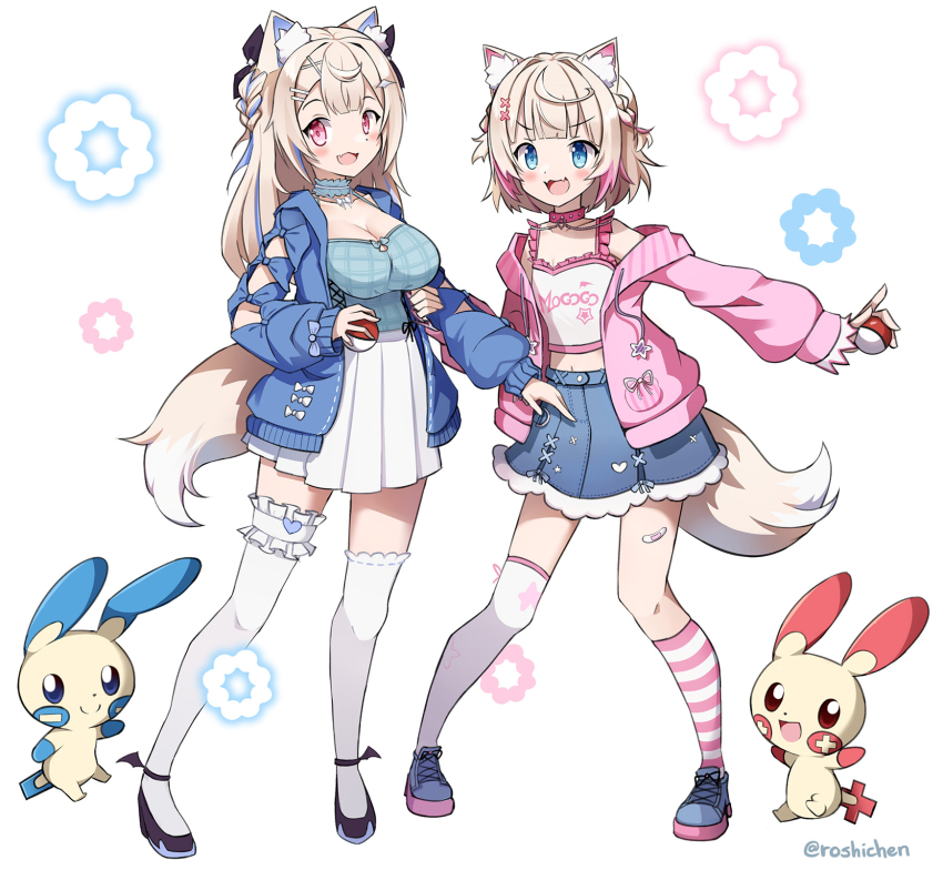 2girls animal_ear_fluff animal_ears asymmetrical_legwear blonde_hair blue_eyes blue_hair blue_jacket blue_shirt blue_skirt breasts cleavage commentary crossover dog_ears dog_girl dog_tail english_commentary full_body fuwawa_abyssgard fuwawa_abyssgard_(casual) gen_3_pokemon group_picture highres holding holding_poke_ball hololive hololive_english jacket large_breasts long_hair minun mococo_abyssgard mococo_abyssgard_(casual) multicolored_hair multiple_girls nintendo official_alternate_costume pink_eyes pink_hair pink_jacket pink_socks plusle poke_ball poke_ball_(basic) pokemon pokemon_(creature) roshi_chen shirt short_hair siblings simple_background single_sock single_thighhigh sisters skirt small_breasts socks streaked_hair striped_clothes striped_socks tail thigh_strap thighhighs twins two-tone_hair two-tone_socks two_side_up virtual_youtuber white_background white_shirt white_skirt white_socks white_thighhighs