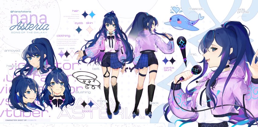 1girl :d absurdres angie_(eignaite) arm_at_side artist_name black_bow black_footwear blue_eyes blue_hair blue_nails blue_skirt boots bow character_name reference_sheet choker closed_mouth colored_inner_hair commentary english_commentary english_text flipped_hair frown hands_on_own_cheeks hands_on_own_face high_heels highres holding holding_microphone jacket knee_boots long_hair long_sleeves looking_at_viewer looking_back mascot microphone multicolored_hair multiple_views nana_asteria open_clothes open_jacket open_mouth parted_lips pink_hair plaid_clothes plaid_skirt pleated_skirt prism_project profile second-party_source shirt shorts skirt smile standing streaked_hair twitter_username v-shaped_eyebrows virtual_youtuber white_shirt