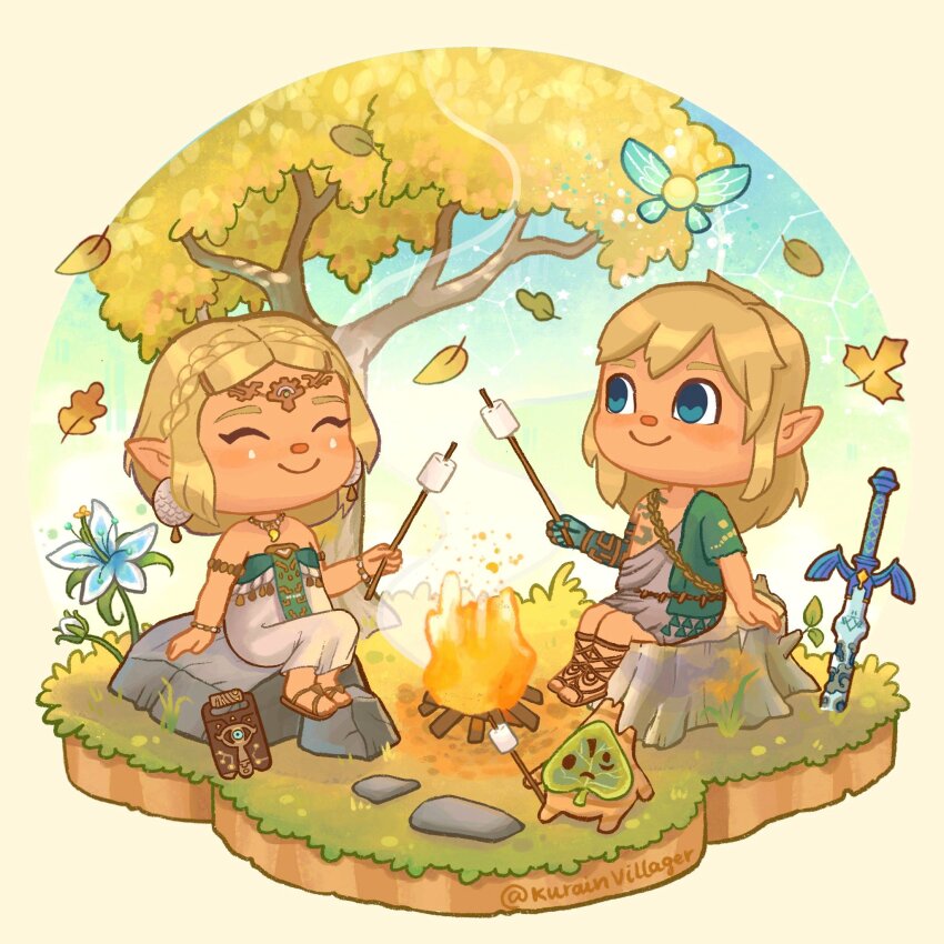 1boy 1girl ^_^ archaic_set_(zelda) arm_support armlet artist_name belt blonde_hair blue_eyes blue_flower blue_sky blush border bracelet braid brown_belt brown_footwear bud campfire chibi circlet closed_eyes closed_mouth commentary constellation crown_braid dress earrings english_commentary facial_mark fairy falling_leaves fire flower food gladiator_sandals gradient_sky grass green_dress green_sky green_tunic hair_ornament hairclip hand_up happy highres holding holding_stick jewelry korok kurain_villager leaf link looking_at_another magatama magatama_necklace maple_leaf marshmallow master_sword medium_hair necklace nintendo oak_leaf on_rock ophiuchus_(constellation) parted_bangs phoenix_(constellation) planted planted_sword planted_weapon pointy_ears princess_zelda rock round_border sandals serpens_caput_(constellation) sheikah_slate short_hair sidelocks silent_princess single_braid sitting on_tree_stump sky smile smoke star_(symbol) stick strapless strapless_dress sword tattoo teardrop_facial_mark the_legend_of_zelda the_legend_of_zelda:_tears_of_the_kingdom tree tree_stump tunic twitter_username weapon white_dress yellow_border