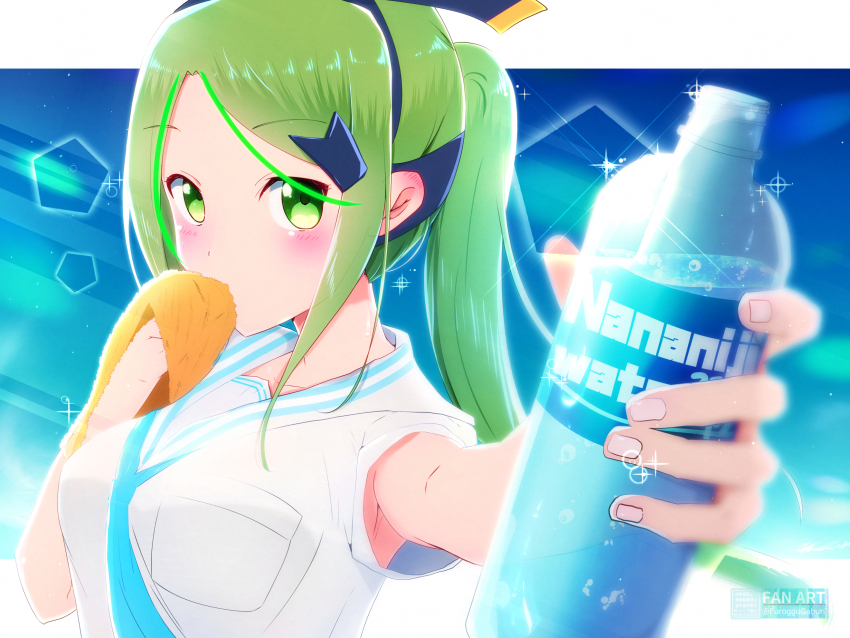 1girl 22/7 armpits blue_background blue_hairband blurry blush bottle depth_of_field detached_sleeves furoggu-gaburi green_eyes green_hair hair_ornament hairband hairclip high_ponytail highres holding holding_bottle holding_towel incoming_drink kiryu_touko lens_flare looking_at_viewer looking_to_the_side non-circular_lens_flare outstretched_arm paid_reward_available parted_bangs plastic_bottle ponytail portrait sailor_collar shirt short_sleeves solo sparkle towel water white_sailor_collar white_shirt wiping_mouth