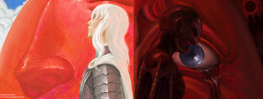 1boy armor behelit berserk blood bloody_tears blue_eyes cape cloud cloudy_sky commentary crying dark_persona divine_being eclipse english_commentary femto_(berserk) griffith_(berserk) helm helmet highres italomateusart long_hair nose shoulder_armor sky wavy_hair white_cape white_hair