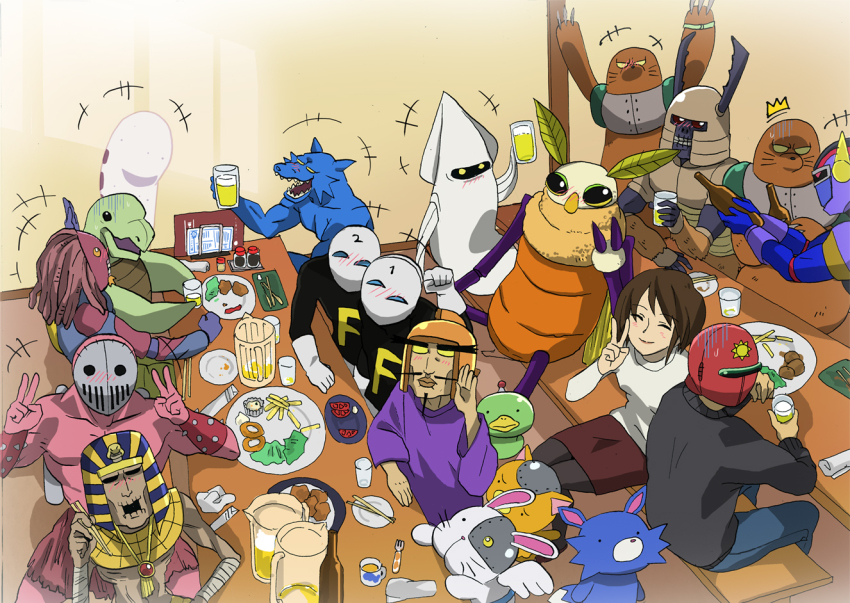 00s 1girl alcohol beard beer black_pantyhose chopsticks closed_eyes cup devil_neko facial_hair food from_above fukkin gamess_(sunred) geiras_(sunred) general_vamp hell_wolf kaamenman kayoko mask medario mukiebi_(sunred) mummy mustache night_owl_(sunred) p-chan_kai pantyhose pitcher_(container) plate sitting skirt smile sunred table teacup tentai_senshi_sunred uchida_kayoko usakotsu v