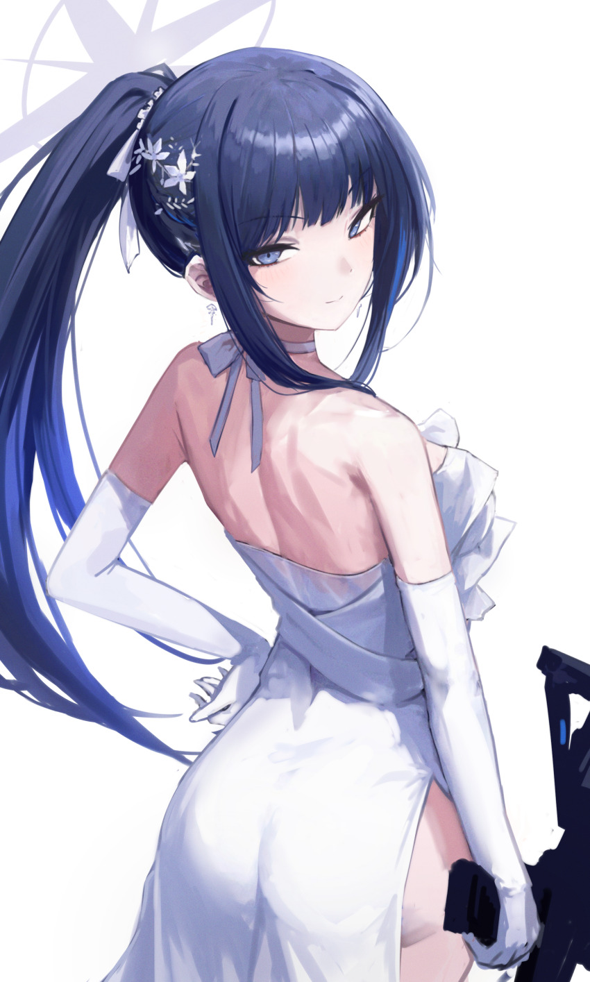 1girl absurdres bare_back blue_archive blue_hair commentary dress elbow_gloves from_behind gabang gloves grey_halo gun halo highres holding holding_gun holding_weapon long_hair looking_at_viewer looking_back ponytail saori_(blue_archive) saori_(dress)_(blue_archive) sig_516 solo weapon white_dress white_gloves