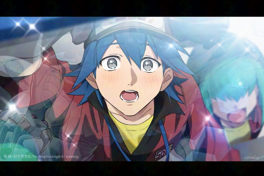 1girl 2boys baseball_cap black_shirt blue_hair bruno_(yu-gi-oh!) close-up hat jacket lua_(yu-gi-oh!) luca_(yu-gi-oh!) lunapont multiple_boys red_jacket reflection shirt solo_focus sparkle stardust_dragon yellow_shirt yu-gi-oh! yu-gi-oh!_5d&#039;s