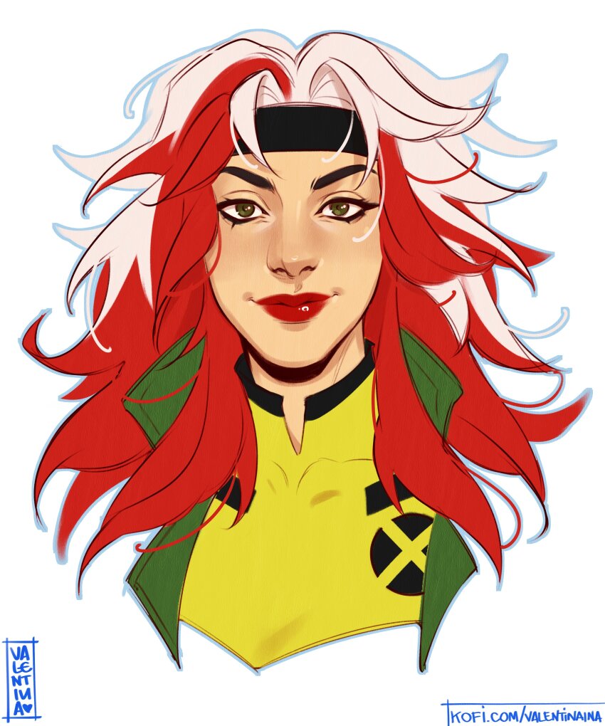 1girl absurdres artist_name black_headband green_eyes green_jacket headband highres jacket ko-fi_username long_hair looking_at_viewer marvel multicolored_hair open_clothes open_jacket portrait red_hair red_lips rogue_(x-men) shirt solo two-tone_hair valentina_tavolilla watermark web_address white_hair x-men yellow_shirt