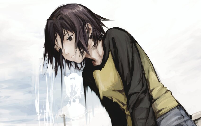 1girl abe_yoshitoshi_(style) brown_eyes brown_hair denim denim_shorts expressionless highres long_sleeves messy_hair nakahara_misaki nhk_ni_youkoso! purasnt pururin_(nhk) short_hair shorts silhouette sketch solo two-tone_shirt white_background