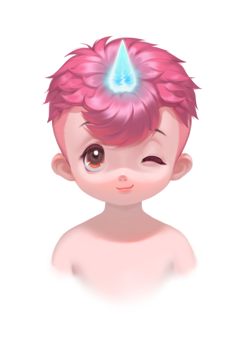 1boy ;) absurdres bad_id bad_pixiv_id eyelashes glowing_horns highres horns looking_at_viewer male_focus one_eye_closed personification pink_hair qian_(ovira) red_eyes shiny_skin simple_background single_horn smile solo undercut unico unico_(character) white_background