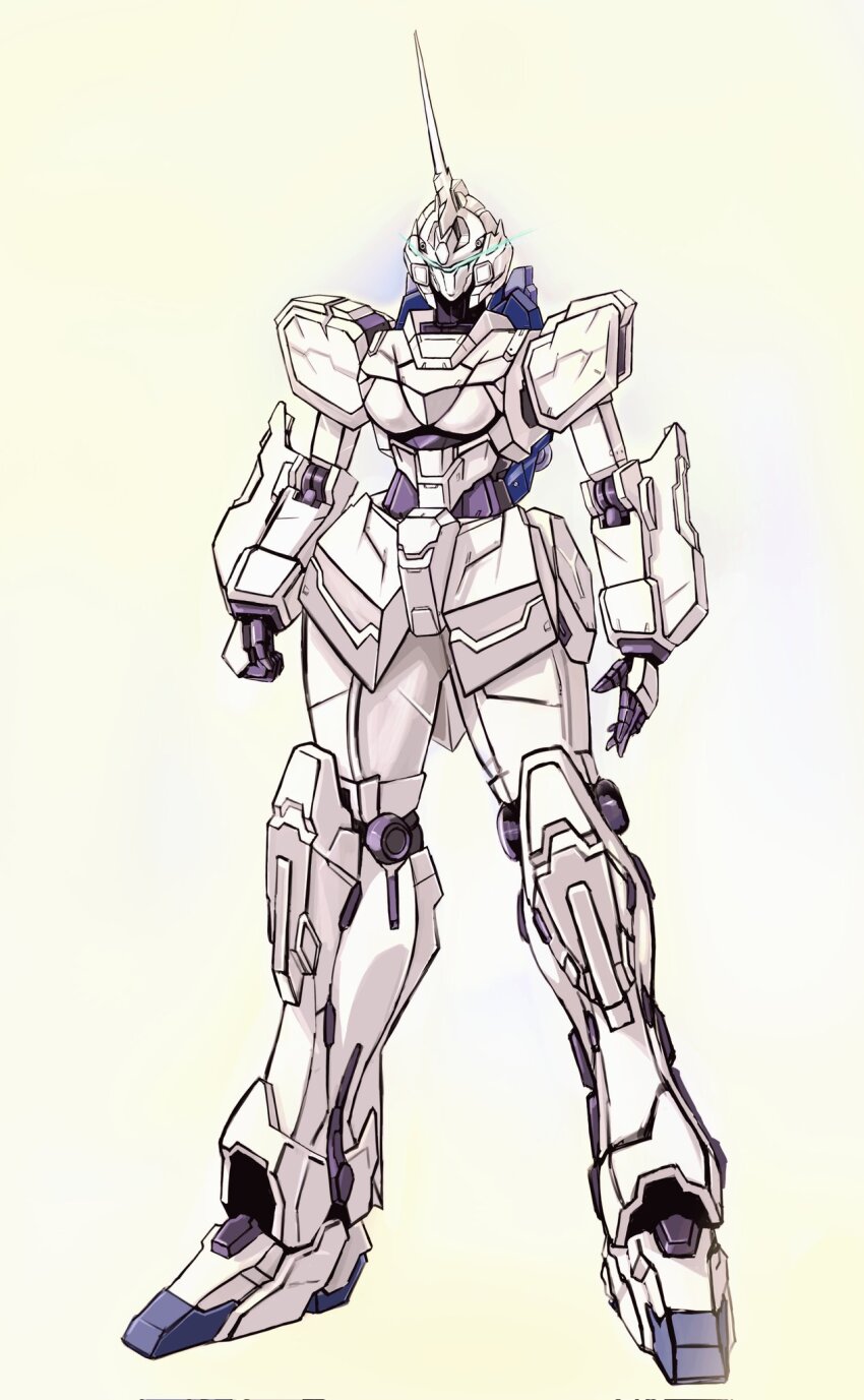 1girl breasts full_body gundam gundam_unicorn highres mecha medium_breasts robot simple_background solo standing twitter unicorn_gundam unicorn_horn white_background