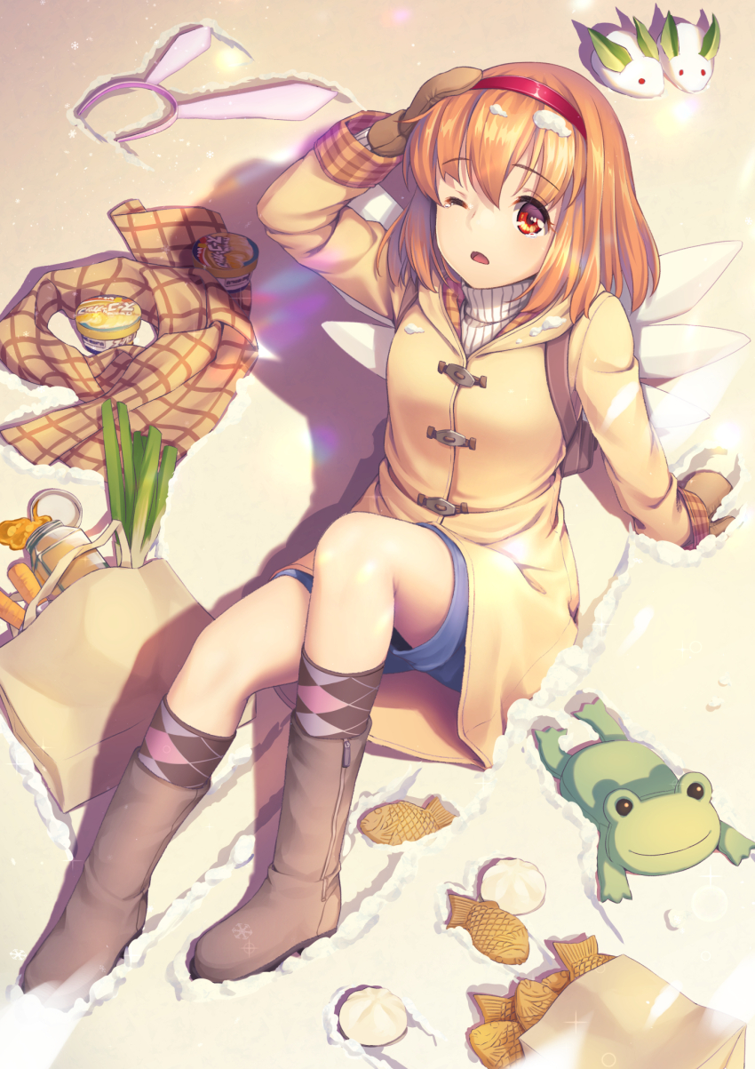 1girl angel_wings animal_ears arm_support backpack bag blue_shorts boots brown_bag brown_boots brown_gloves brown_hair brown_scarf coat commentary drop_shadow dutch_angle eyelashes fake_animal_ears food from_above frown full_body gloves hairband hand_on_own_head hand_up highres hood hood_down jam kanon keropii knees_up long_sleeves looking_at_viewer lying medium_hair mittens nyan_c on_back one_eye_closed open_mouth plaid_clothes plaid_scarf rabbit_ears red_eyes red_hairband scarf shorts snow snow_on_head snow_rabbit solo spring_onion steamed_bun straight_hair taiyaki tears tsukimiya_ayu unworn_scarf wagashi white_wings wings winter yellow_coat