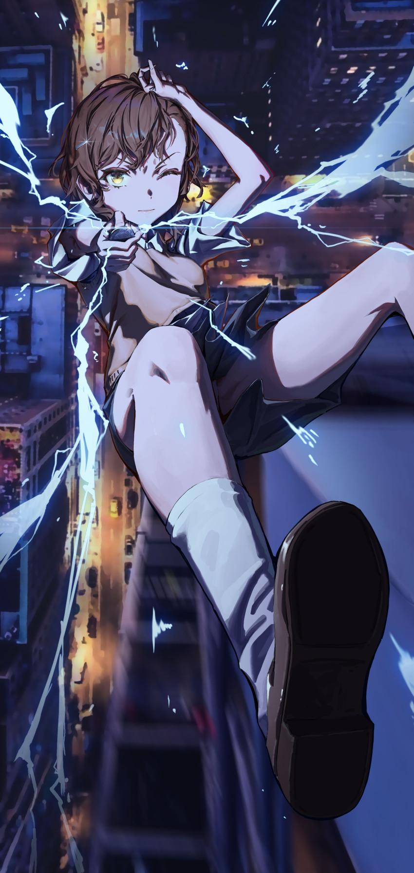 1girl absurdres aiming aiming_at_viewer brown_eyes brown_footwear brown_hair brown_sweater_vest building car city closed_mouth coin electricity electrokinesis falling from_behind grey_skirt highres holding holding_coin jhigf looking_at_viewer midair misaka_mikoto motor_vehicle night one_eye_closed outdoors pleated_skirt psychic railgun_(misaka_mikoto) road school_uniform short_hair skirt smile socks solo summer_uniform sweater_vest toaru_kagaku_no_railgun toaru_majutsu_no_index tokiwadai_school_uniform
