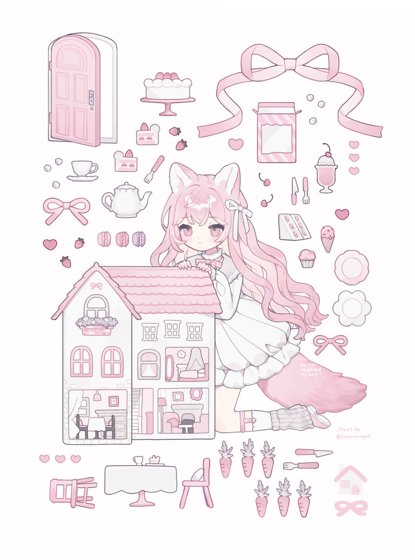 1girl absurdres animal_ears blush bow bowtie cake cake_slice carrot closed_mouth commentary cup cupcake doll_house door dress food fork fox_ears fox_girl fox_tail fruit full_body hair_bow highres ice_cream kneeling knife long_hair long_sleeves original pink_bow pink_bowtie pink_eyes pink_hair sailor_collar sailor_dress saucer simple_background solo strawberry symbol-only_commentary tail teacup teapot tokareta_tamago white_background white_bow white_dress
