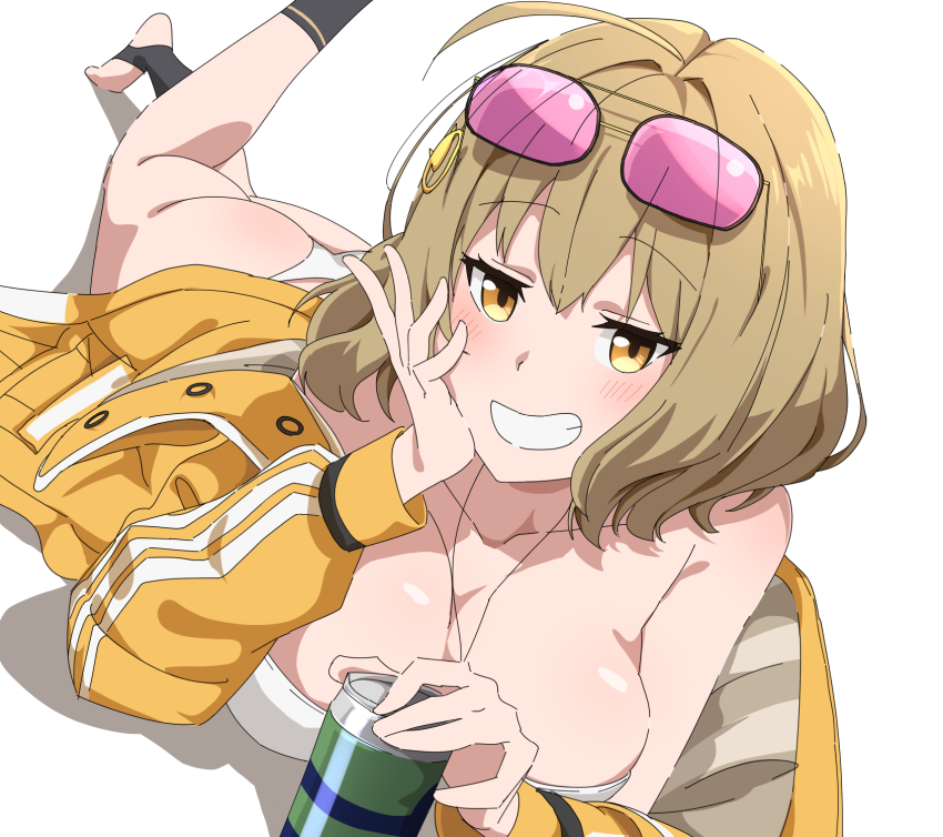 1girl ahoge anis_(nikke) anis_(sparkling_summer)_(nikke) ass bare_shoulders bikini blonde_hair breasts cleavage eyepatch_bikini eyewear_on_head goddess_of_victory:_nikke grin hand_on_own_face hatenoga highres holding jacket jewelry large_breasts leg_up looking_at_viewer lying necklace off-shoulder_jacket off_shoulder official_alternate_costume on_stomach pink-tinted_eyewear short_hair smile solo stirrup_legwear string_bikini sunglasses swimsuit tinted_eyewear toeless_legwear white_bikini yellow_eyes yellow_jacket