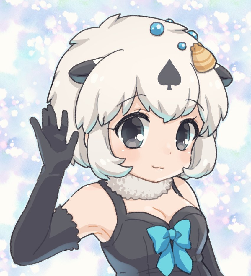 1girl animal_ears bare_shoulders black_eyes black_gloves black_hair black_one-piece_swimsuit blue_bow blue_bowtie blush bow bowtie californian_sea_otter_(kemono_friends) elbow_gloves extra_ears fur_collar gloves highres kemono_friends kuromitsu_(9633_kmfr) multicolored_hair one-piece_swimsuit otter_ears otter_girl shell_hair_ornament short_hair sleeveless solo spade_(shape) spaghetti_strap swimsuit symbol-only_commentary two-tone_hair white_fur