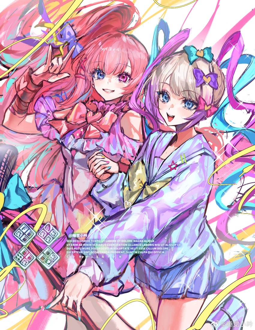 2girls bandaged_arm bandages bare_shoulders blonde_hair blue_bow blue_dress blue_eyes blue_footwear blue_hair blue_nails blue_sailor_collar blue_shirt blue_skirt blue_sleeves bow bowtie brooch capelet character_request chinese_commentary chouzetsusaikawa_tenshi-chan clothing_cutout collar collared_capelet collared_shirt colored_tips commentary_request commission copyright_request dress eyelashes feet_out_of_frame foot_out_of_frame frilled_dress frills grin hair_bow hair_ornament hairclip heart heart_brooch heart_hair_ornament heterochromia high_collar high_side_ponytail highres holding holding_hands holding_microphone_stand jewelry leg_up lipstick long_hair long_sleeves looking_at_viewer m/ makeup microphone_stand miniskirt multicolored_hair multicolored_nails multiple_girls multiple_hair_bows nail_polish needy_girl_overdose open_mouth outstretched_arm pink_bow pink_bowtie pink_eyes pink_hair pink_lips pink_nails pleated_skirt puffy_long_sleeves puffy_sleeves purple_bow purple_capelet purple_collar purple_hair purple_sleeves red_wrist_cuffs ribbon sailor_collar sailor_shirt sample_watermark shirt shoes short_dress short_sleeves shoulder_cutout skirt smile teeth twintails upper_teeth_only watermark wavy_hair weibo_watermark weibo_watermark white_background wrist_cuffs x_hair_ornament yellow_bow yellow_bowtie yellow_nails zi_yin