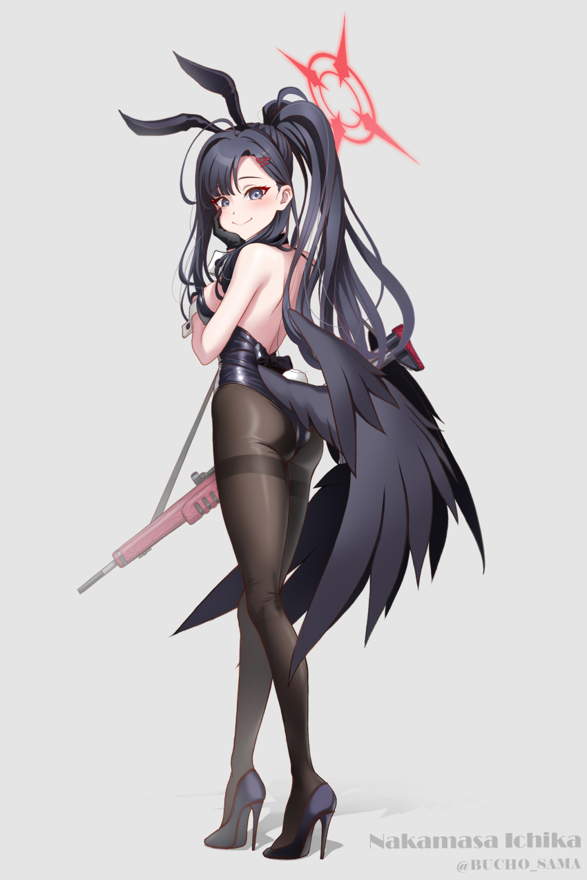 1girl absurdres animal_ears ass black_gloves black_hair black_leotard black_pantyhose black_wings blue_archive bow bowtie bucho_sama character_name commentary_request detached_collar from_behind full_body gloves grey_background grey_eyes hair_ornament hairclip halo hand_on_own_face highres ichika_(blue_archive) large_variant_set leotard long_hair low_wings one_eye_closed pantyhose playboy_bunny ponytail rabbit_ears rabbit_tail red_halo simple_background solo strapless strapless_leotard tail thighband_pantyhose twitter_username variant_set wings wrist_cuffs