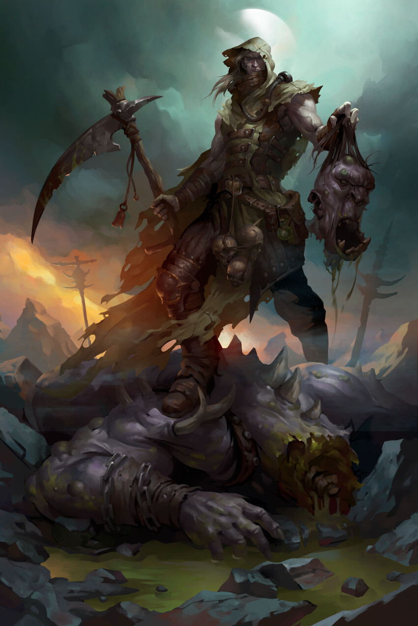 2boys absurdres after_battle alexeykruglov armor bell belt belt_bag belt_buckle black_hair blood blood_drip brown_bag brown_collar brown_gloves buckle cloak closed_mouth cloud cloudy_sky coat collar collared_coat colored_skin commentary corpse death death_guard english_commentary face_piercing fingerless_gloves fire giant gloves greaves green_blood green_cloak green_coat green_hood grey_hair grey_skin high_collar highres holding holding_scythe hood hooded_cloak horns leather_armor leather_belt leather_collar looking_at_viewer male_focus monster moon mortarion mountain multiple_boys muscular muscular_male night night_sky nose_piercing nose_ring open_mouth outdoors piercing primarch puddle rock scythe serious severed_head skull_belt sky sleeveless standing_on_person torn_cloak torn_clothes torn_coat torn_hood totem veins veiny_arms warhammer_40k wart water