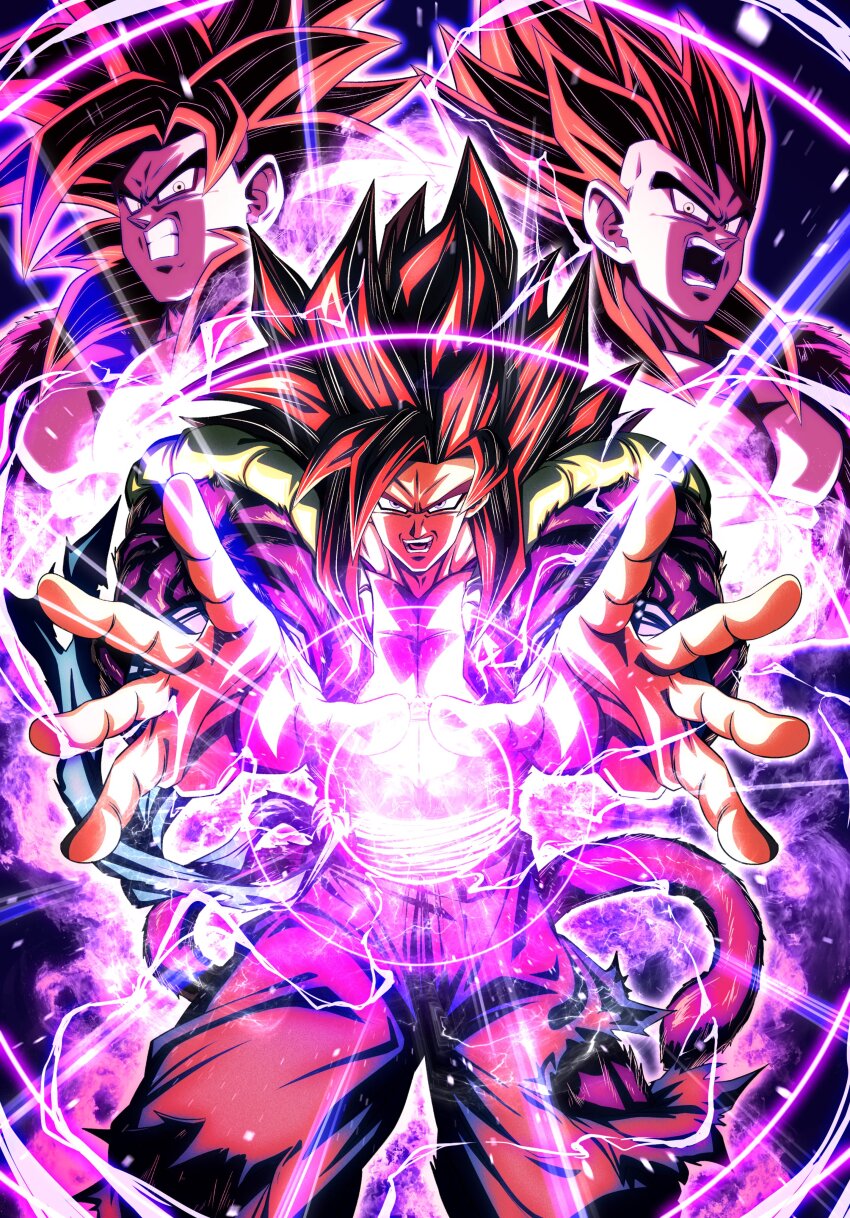 3boys absurdres aiming aiming_at_viewer big_bang_kamehameha black_hair dougi dragon_ball dragon_ball_heroes electricity energy energy_ball fighting_stance glowing gogeta gogeta_(xeno) highres incoming_attack kamehameha_(dragon_ball) long_hair metamoran_vest monkey_boy monkey_tail motion_blur multiple_boys pink_fur pink_hair red_fur red_hair sekitsuki_hayato son_goku son_goku_(xeno) spiked_hair super_full_power_saiyan_4_limit_breaker super_saiyan super_saiyan_4 tail time_patrol_(dragon_ball) torn_clothes vegeta vegeta_(xeno)