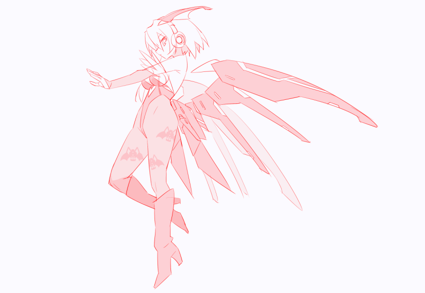 animal_print bare_shoulders bat_print boots breasts cleavage clothing_cutout cosplay cutout_above_navel darkstalkers demon_wings from_side full_body greyscale head_wings heart_cutout ico_(megaman_x_dive) kaidou_zx long_hair low_wings mechanical_wings medium_breasts mega_man_(series) mega_man_x_(series) mega_man_x_dive monochrome morrigan_aensland morrigan_aensland_(cosplay) multiple_wings pantyhose print_pantyhose profile red_theme robot_girl wings