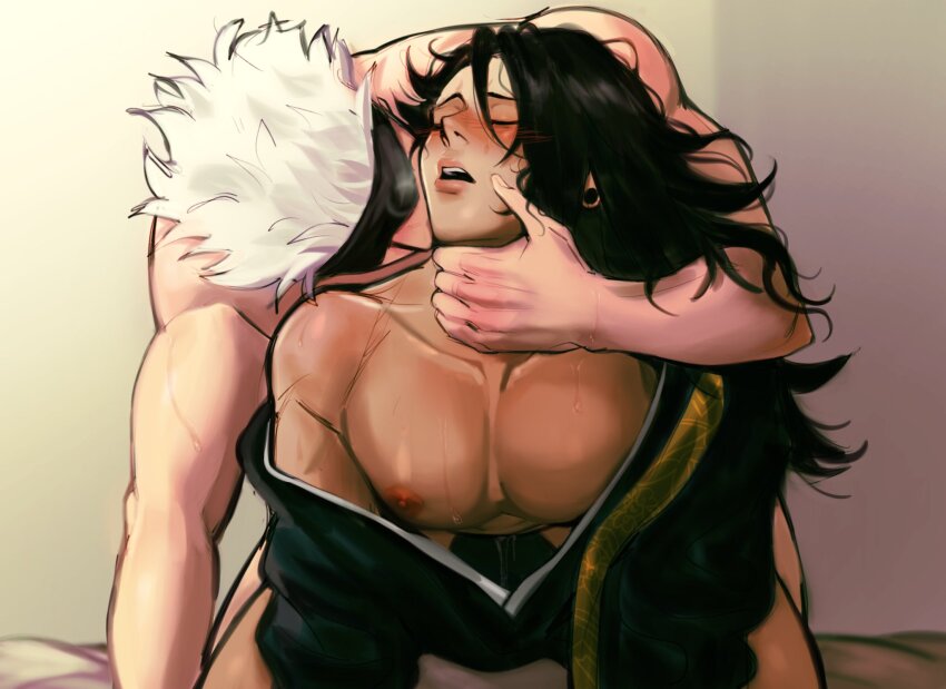 2boys all_fours androgynous arm_support black_hair black_robe blindfold blush breath closed_eyes collarbone cum getou_suguru gojou_satoru highres jujutsu_kaisen kiss kissing_neck large_pectorals long_hair male_focus male_penetrated multiple_boys nipples open_mouth pectorals robe sex short_hair single_bare_shoulder teeth upper_teeth_only white_hair wiistef yaoi