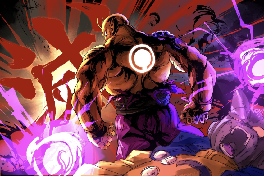 2boys after_battle antennae artist_name black_sash blue_cape cape colored_sclera colored_skin commentary_request defeat dragon_ball dragon_ball_super dragon_ball_super_super_hero energy_orb english_text facing_back fainted gamma_2 glowing_symbol grey_skin high_collar highres jacket kouji08250 male_focus multiple_boys muscular muscular_male open_mouth orange_piccolo orange_skin pants piccolo pointy_ears purple_pants red_eyes sash shun_goku_satsu signature street_fighter superhero_costume tongue torn_vest v-shaped_eyebrows yellow_jacket yellow_sclera