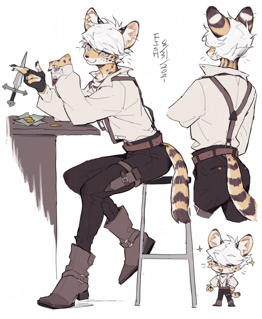 1boy animal_ear_fluff animal_ears ankle_boots belt between_fingers black_gloves black_nails black_pants blue_eyes body_fur boots brown_footwear c: cat_boy cat_ears cat_tail chibi chibi_inset chinese_commentary clothing_cutout coin collared_shirt commentary_request cropped_legs cup dagger dated drinking_glass elbow_rest facing_away fingerless_gloves fish7163 from_side full_body furry furry_male gloves highres holding holding_cup knife long_sleeves looking_at_viewer lynx male_focus money multiple_views original pants pawpads sheath sheathed shirt shirt_tucked_in short_hair signature simple_background single_fingerless_glove single_glove sitting slit_pupils smile sparkle spots standing stool suspenders tail tail_through_clothes thigh_strap weapon white_background white_hair white_shirt yellow_fur