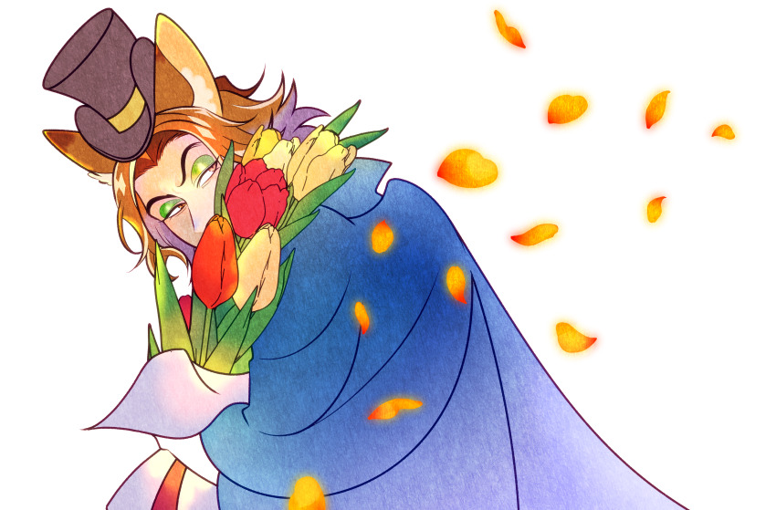 1boy absurdres animal_ears black_hat blue_cloak bouquet brown_eyes brown_hair cloak commentary_request covered_mouth eyeshadow fellow_honest flower fox_boy fox_ears green_eyeshadow hat highres holding holding_bouquet makeup male_focus oniongood117 orange_flower orange_petals orange_tulip petals red_flower red_tulip top_hat tulip twisted_wonderland white_background yellow_flower yellow_tulip