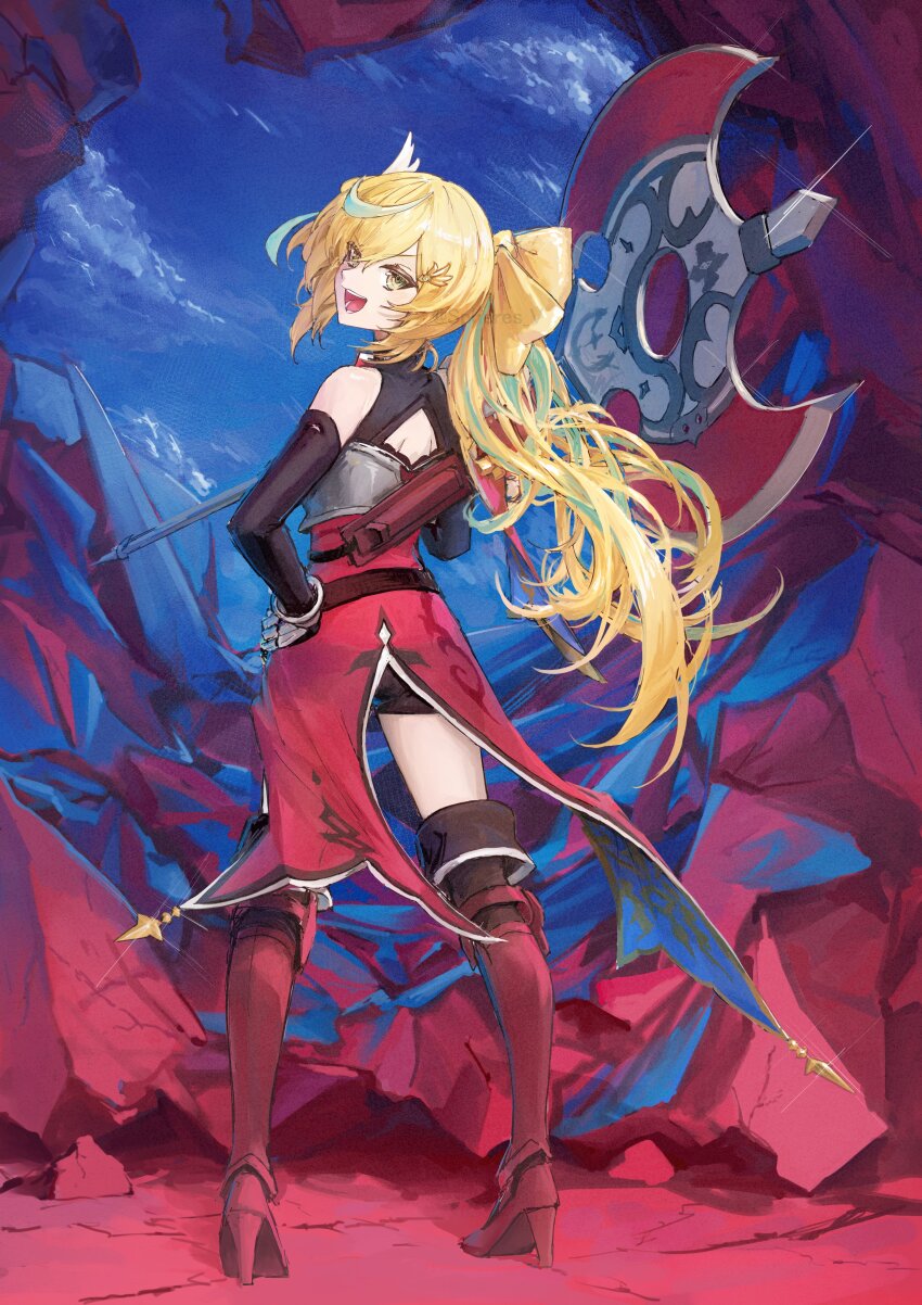 1girl :d absurdres aqua_hair armillarphere_v armor armored_boots artist_name axe back_cutout battle_axe belt black_belt black_dress black_gloves black_shorts black_thighhighs blonde_hair blue_sky boots bow-shaped_hair breastplate cave clothing_cutout cloud day double-sided_axe dress elbow_gloves floating_hair from_behind glint gloves green_eyes hair_between_eyes hair_ornament hand_on_own_hip hashtag-only_commentary high_heel_boots high_heels highres holding holding_axe holding_weapon long_hair looking_at_viewer looking_back multicolored_hair nijisanji open_mouth red_boots red_dress short_shorts shorts side_ponytail sidelocks sky sleeveless sleeveless_dress smile solo standing streaked_hair tachitsute_toto tachitsute_toto_(1st_costume) teeth thighhighs twitter_username v-shaped_eyebrows very_long_hair virtual_youtuber weapon