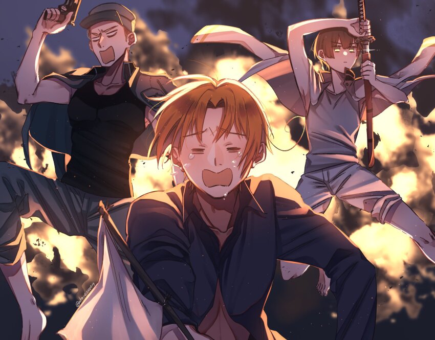3boys ahoge akane0000719 artist_name axis_powers_hetalia barefoot black_shirt black_tank_top blonde_hair blurry blurry_background breast_pocket brown_hair closed_eyes closed_mouth collarbone collared_jacket collared_shirt commentary_request crying explosion flag floating_clothes germany_(hetalia) grey_hat grey_jacket grey_pants grey_tank_top gun hair_between_eyes hand_up handgun hat highres holding holding_flag holding_gun holding_sword holding_weapon jacket japan_(hetalia) jumping katana long_sleeves looking_at_viewer male_focus military_hat military_jacket military_uniform multiple_boys northern_italy_(hetalia) open_clothes open_jacket open_mouth orange_hair pants parted_bangs pocket shirt short_hair shorts sparkle sword tank_top toenails upper_body v-shaped_eyebrows visor_cap weapon white_flag white_jacket white_shorts yellow_eyes