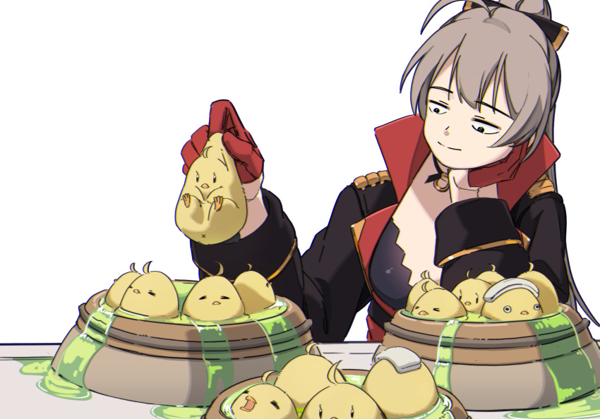 1girl ahoge animal azur_lane baby_animal bird black_choker black_jacket bow breasts brown_hair bucket chick choker closed_mouth gloves hair_bow half_gloves hand_on_own_cheek hand_on_own_face hatski.sin high_ponytail highres holding holding_animal jacket jean_bart_(azur_lane) long_hair long_sleeves looking_down manjuu_(azur_lane) o-ring o-ring_choker ponytail red_gloves simple_background smile white_background