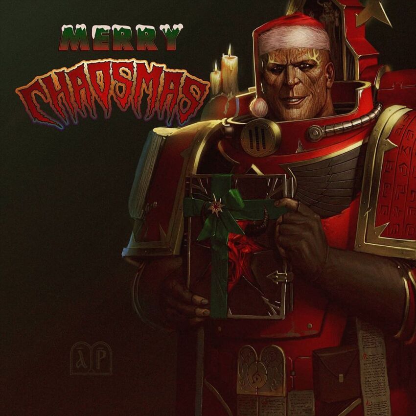1boy adeptus_astartes arhpriest armor bald book brown_eyes candle chaos_(warhammer) chaos_space_marine chaplain christmas christmas_present commentary cropped_legs demon english_commentary erebus_(wh40k) evil_smile facial_tattoo fingerless_gloves gift gloves green_ribbon hat heresy hieroglyphics holding holding_book male_focus merry_christmas power_armor ribbon santa_hat smile tattoo warhammer_40k word_bearers