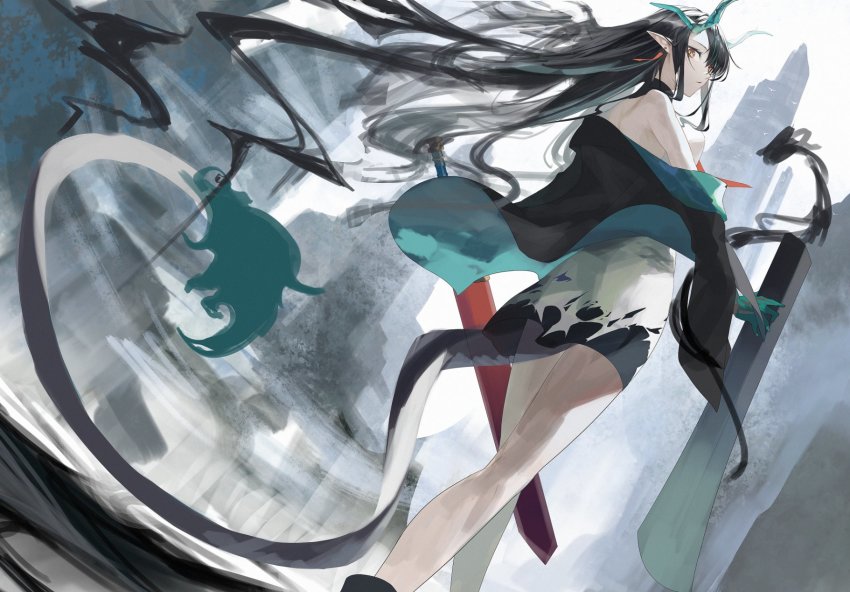 1girl arknights bare_shoulders black_hair brown_eyes colored_skin dusk_(arknights) earrings eyelashes from_below green_hair green_horns green_skin highres holding holding_sheath holding_sword holding_weapon horns jewelry long_eyelashes long_hair looking_back multicolored_hair outdoors painterly parted_lips pointy_ears scabbard see-through_clothes see-through_silhouette sheath silhouette single_bare_shoulder solo streaked_hair sword tail tmt torn torn_clothes two-tone_hair very_long_hair walking weapon