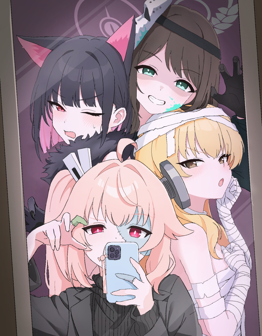 4girls after-school_sweets_club_(blue_archive) airi_(blue_archive) airi_(halloween)_(blue_archive) animal_ears bandages black_gloves black_hair black_jacket black_sweater blood blood_on_face blue_archive brown_hair cat_ears cat_girl cellphone claw_pose claws commentary_request extra_ears fur_collar gloves green_eyes green_halo grin halo highres holding holding_phone jacket kazusa_(blue_archive) kazusa_(halloween)_(blue_archive) long_hair mask mask_on_head mirror_selfie multiple_girls nakaoka_ramu naked_bandage natsu_(blue_archive) natsu_(halloween)_(blue_archive) object_through_head official_alternate_costume official_alternate_hairstyle one_eye_closed one_side_up open_mouth phone pink_hair pink_halo red_eyes screw_in_head selfie shaded_face short_hair sidelocks smartphone smile stitched_face stitches sweatdrop sweater turtleneck turtleneck_sweater yoshimi_(blue_archive) yoshimi_(halloween)_(blue_archive)