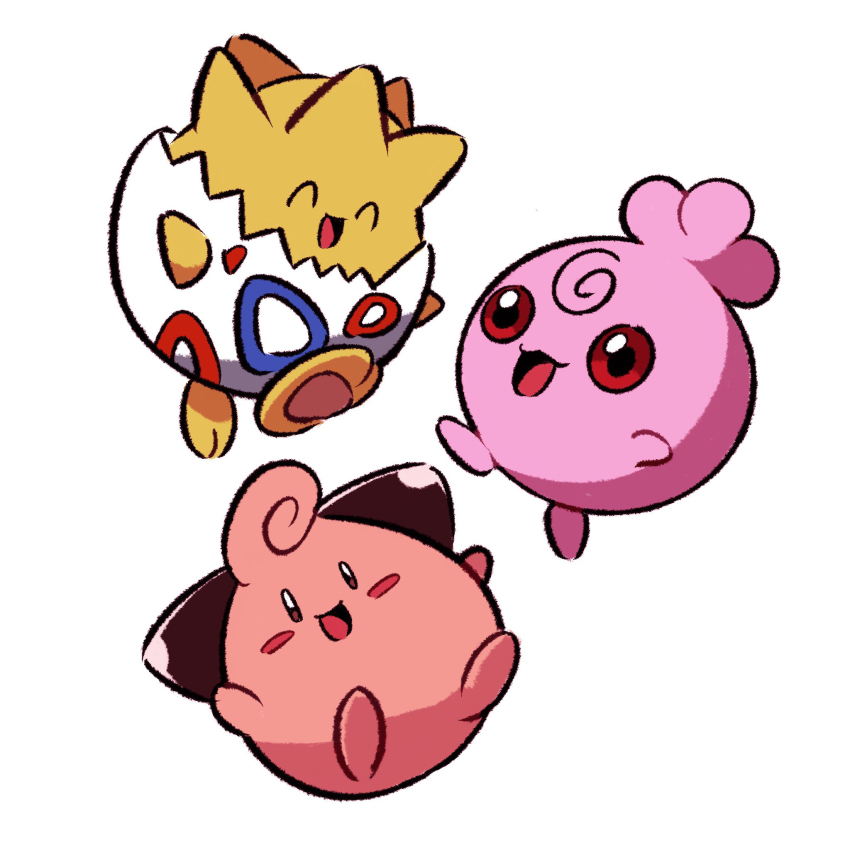 :d ^_^ cleffa closed_eyes colored_skin commentary_request creatures_(company) game_freak gen_2_pokemon highres igglybuff nintendo open_mouth panmimi pink_skin pokemon pokemon_(creature) red_eyes simple_background smile togepi white_background