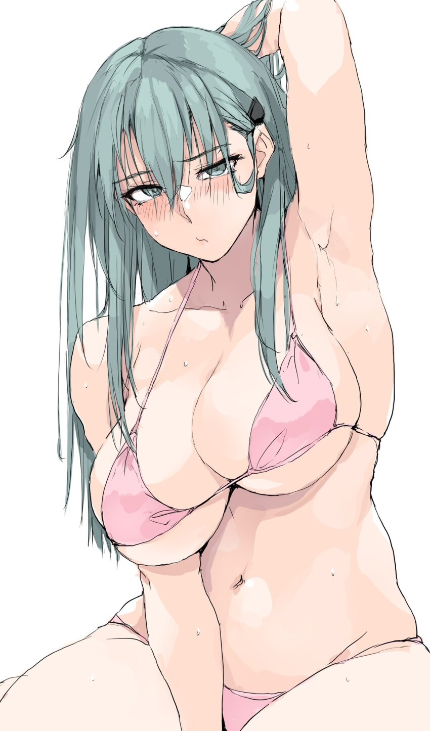 1girl arm_up armpits bare_shoulders bikini blush breasts cleavage collarbone green_eyes green_hair hair_ornament hairclip highres kantai_collection large_breasts long_hair looking_at_viewer navel pink_bikini solo suzuya_(kancolle) swimsuit zekkyon