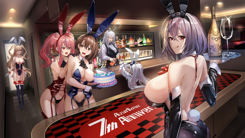 6+girls :d :q animal_ears azur_lane baltimore_(azur_lane) bare_shoulders black_leotard blue_leotard blue_thighhighs blush breasts bremerton_(azur_lane) brown_eyes brown_hair closed_mouth commentary_request crossed_bangs detached_collar detached_sleeves drink fake_animal_ears fake_tail guam_(azur_lane) guam_(stage-setting_charmer)_(azur_lane) hair_between_eyes highres holding iitsumonemu indiana_(azur_lane) indoors laffey_(azur_lane) laffey_ii_(azur_lane) laffey_ii_(sleepy_on_a_busy_day)_(azur_lane) large_breasts leotard long_hair looking_at_another looking_at_viewer looking_back multicolored_hair multiple_girls official_alternate_costume one_eye_closed open_mouth pink_hair pittsburgh_(azur_lane) playboy_bunny pouring rabbit_ears rabbit_tail red_eyes scar scar_on_face short_hair smile streaked_hair tail thighhighs thighs tongue tongue_out tray twintails two_side_up white_hair